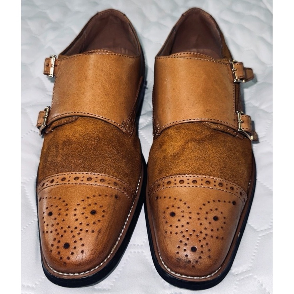 La Milano Patina Collection Mens Tan Leather Suede‎ Double Monk Strap Shoes 7